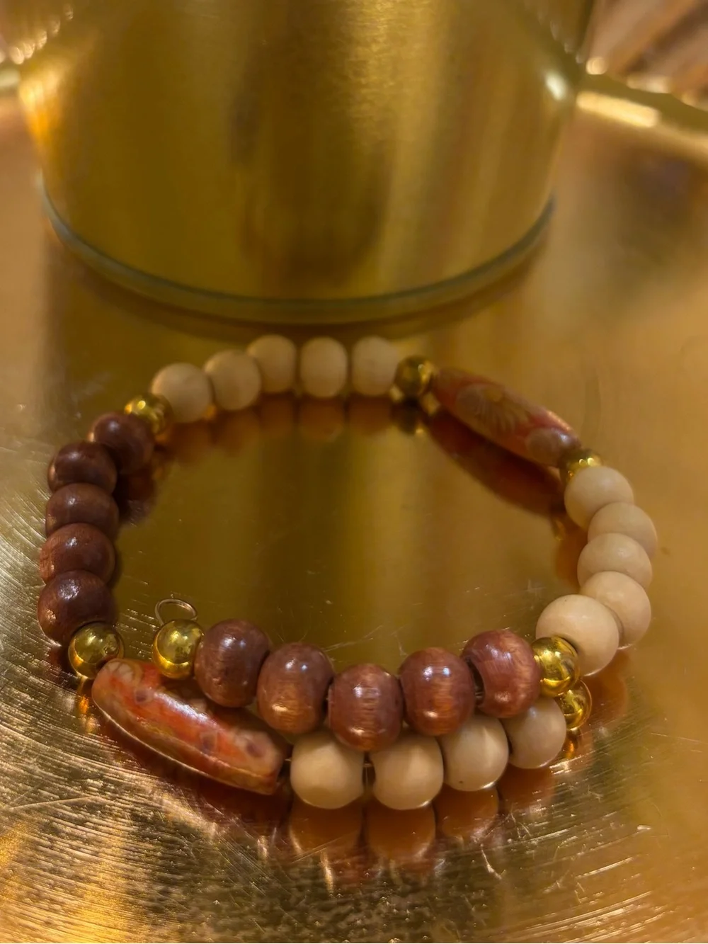 Neutral Brown & Cream Beaded Bracelet with Gold Accents